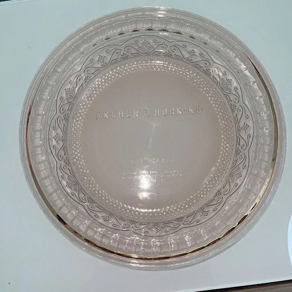 Anchor Hocking Vintage Cake Pie Dish Clear Rose Glass Laurel Embossed 9.25 USA